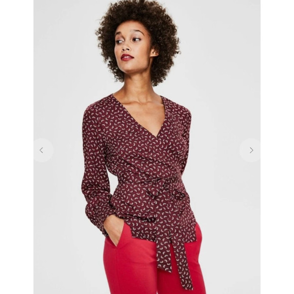 Boden Women's Belle Wrap Tie Waist Maroon Rainbow Long Sleeve Blouse Top - 14R - Picture 2 of 11